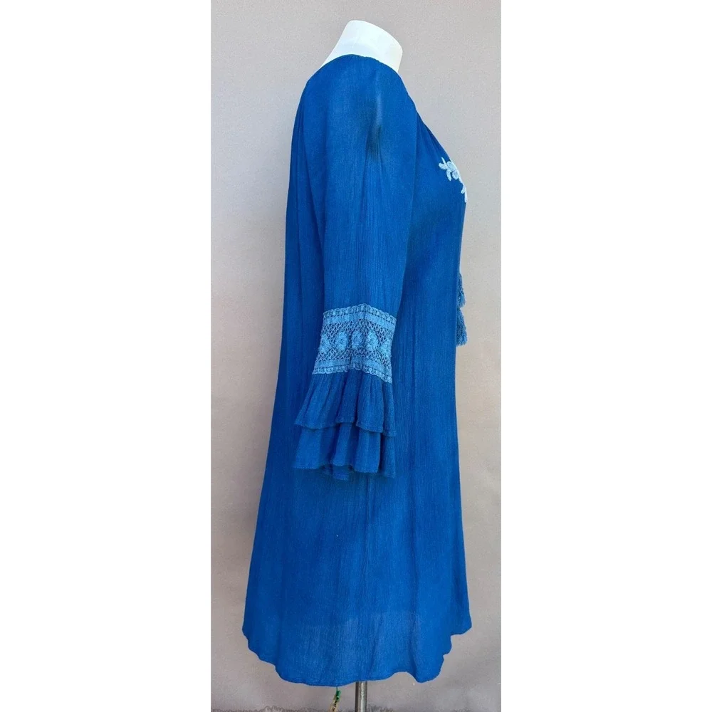 Studio West Womens L Blue Bell Sleeve Embroidered Floral Shift Dress Boho Coasta